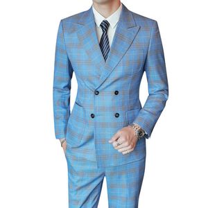 (Veste + gilet + pantalon) luxe haut de gamme mode Plaid hommes d'affaires décontracté bleu costume 3 pièces ensemble marié robe de mariée smoking X0909