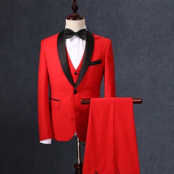 (chaqueta + chaleco + pantalones) traje de boda masculino moda roja delgado conjunto de 3 piezas blazer tiro de estudio traje de novio caballero show prom ropa formal