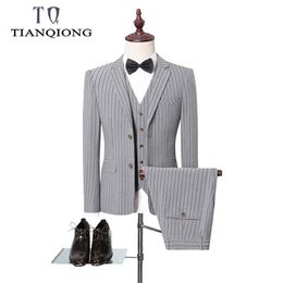 Jacket Vestbroek Mannen Wedding Pakken gestreept slanke pak 3 stuks Handige bruidegompak Men Single Button Party Formeel 201106