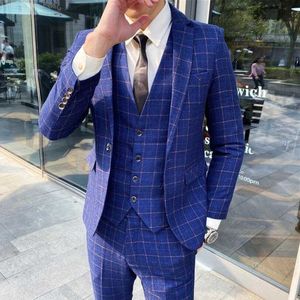 (Veste + gilet + pantalon) Plaid Suit 3pc set Male Groom Blazers Pantalons Formal Business Work Wear Dress Costumes Costume de mariage hommes Blazers X0909