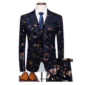(Jas + Vest + Broek) Nieuwe Gedrukt Mannen Pak Klassiek 3-delige Pakken voor Heren Bruiloft Business Leisure Hoogwaardige Suits 6XL X0909