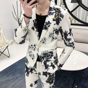 (Vestes + pantalons) 2021 hommes printemps imprimé affaires Blazers/homme coupe ajustée costume décontracté de deux pièces robe de mariée du marié S-3XL X0909