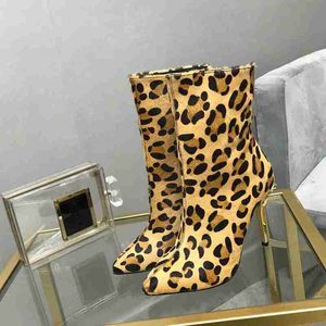 (Boîte d'origine) Nouvelle Arrivée Femmes Talons Hauts 10 CM Sexy Leopard Party Pub Cheville Chevalier Hiver En Cuir Véritable Bottes Chaussures Taille 35-41