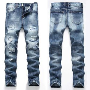 Jeans 'S Cross-Border Mens Ripped Straight Right Regular Jeans Cotton Ripped Denim Panters Bleu clair Plus taille Ruined Hole Daily Jeans J240507