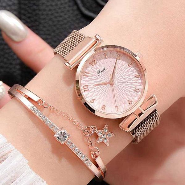 Pulsera de lujo de cuarzo es para mujer, vestido deportivo magnético para mujer, reloj de pulsera con esfera rosa, reloj femenino 0926