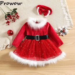 'S Prowow 1-5y Children Red Christmas Jurk Velvet Stars Belt Princess Girl Dresses Party 2023 Nieuwjaar Kostuum voor kinderen 0913