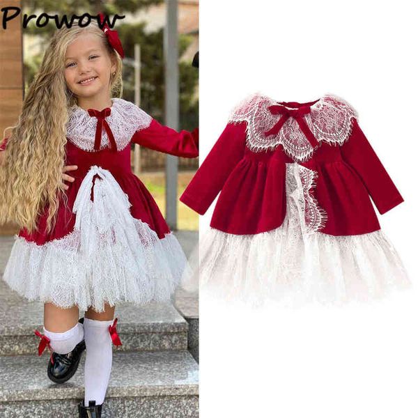 's Prowow 1-7Y Enfants Hiver Rouge Velours Robe Dentelle Patchwork Parti Robes Élégantes Pour Fille Costume De Noël 0913