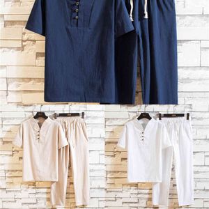 (Chemise + pantalon) 2021 Chemise d'été pour hommes Chemises en coton et en lin Chemises décontractées pour hommes à manches courtes Hommes Un ensemble de vêtements M-5XL X0610