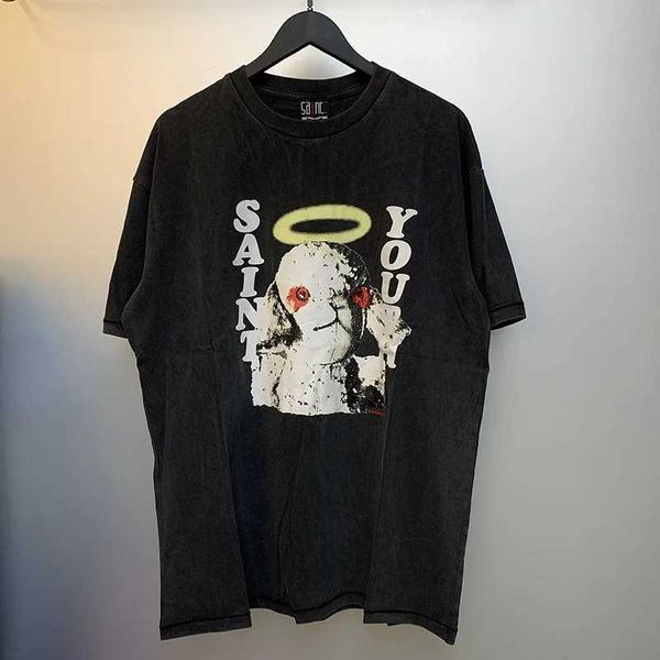 -Shirts hommes femme saint michael t-shirt vintage lavage noir dessin animé lettre de lapin de lapin court amateurs de manches lâches