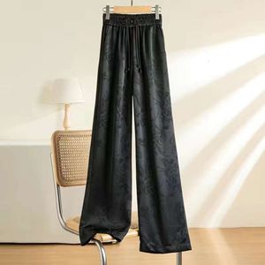 (Tmall Tiktok Quality) Jacquard Jacquard Chinese Style Black Jacquard Pantalon de jambe large pour les femmes au printemps et en été