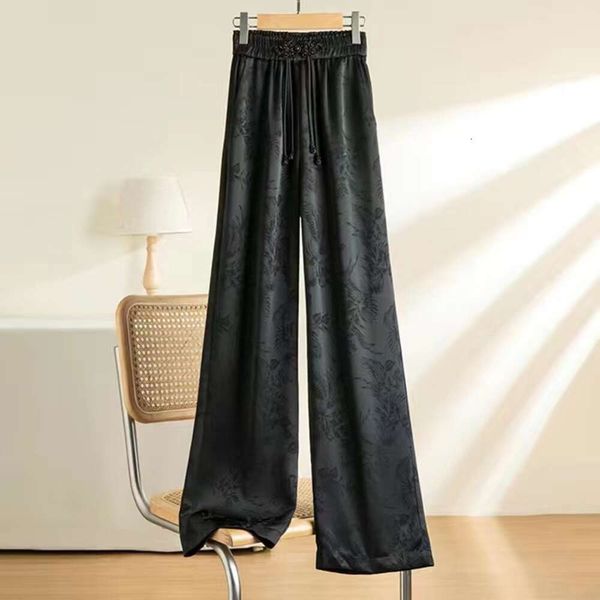 (Tmall Tiktok Quality) Jacquard Jacquard Chino Estilo chino Black Jacquard Pantalones de piernas anchas para mujeres en primavera y verano