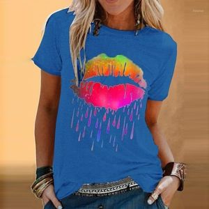 ) Femmes T-Shirt été à manches courtes décontracté grande taille col rond T-shirt mode coloré lèvre imprimer jeune fille hauts haut Femme femmes