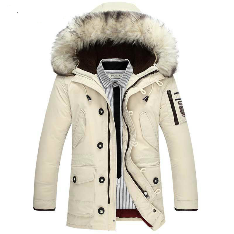 Venda Quente Jaqueta de inverno masculina, casaco de pele de guaxinim com capuz branco, parka quente, corta-vento, jaquetas bege, preto, laranja, vários bolsos