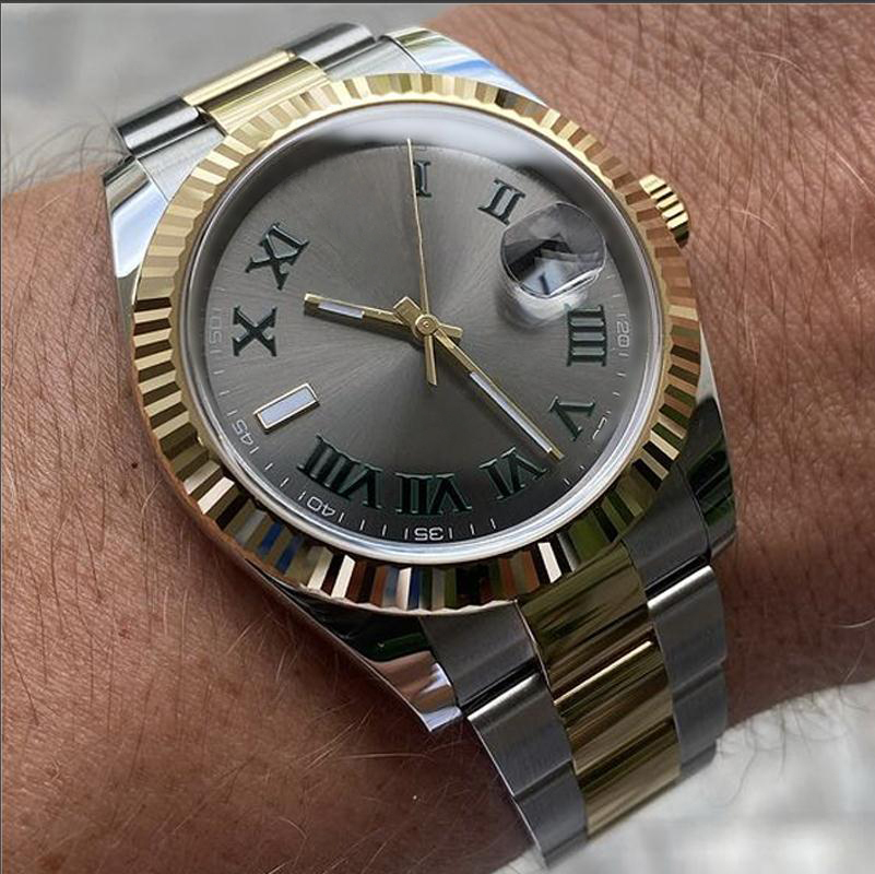 Men s Trendy Gold Inlaid Stainless Steel Bracelet Sapphire Glass Roman Numeral Dial Automatic Movement Mechanical Mens