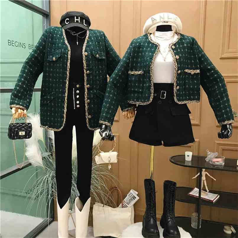 Vintage Plaid Tweed Jacket Kvinnor Eleganta damer Singel Breasted Short Outwear Tops Spring Fall Long Sleeve Retro Dark Green Coat 210914