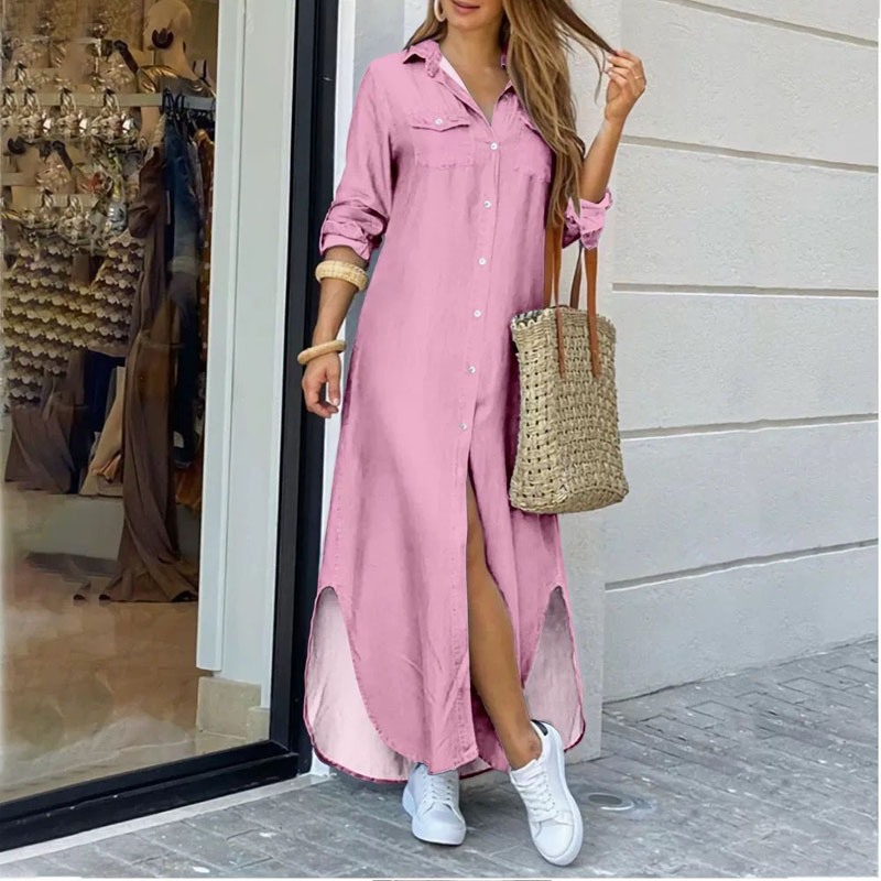 Womens Designer Clothing Loose Shirt Dress Summer Spring 2022 New Arrivals Solid Printed Casual Party Dresses with Long Sleeve Fashion Lapel Slit Beach Wear