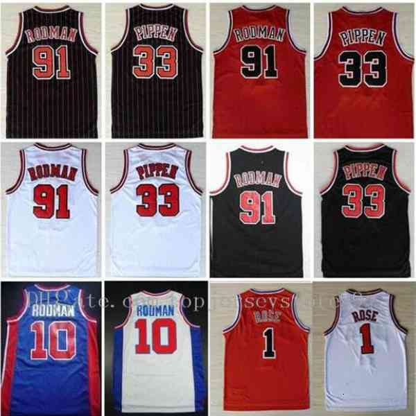 Maglia da uomo # 33 Scottie Pippen # 91 Maglia Dennis Rodman The Worm 10 # Dennis Rodman - Maglia sportiva da uomo cucita Rosso Bianco Nero