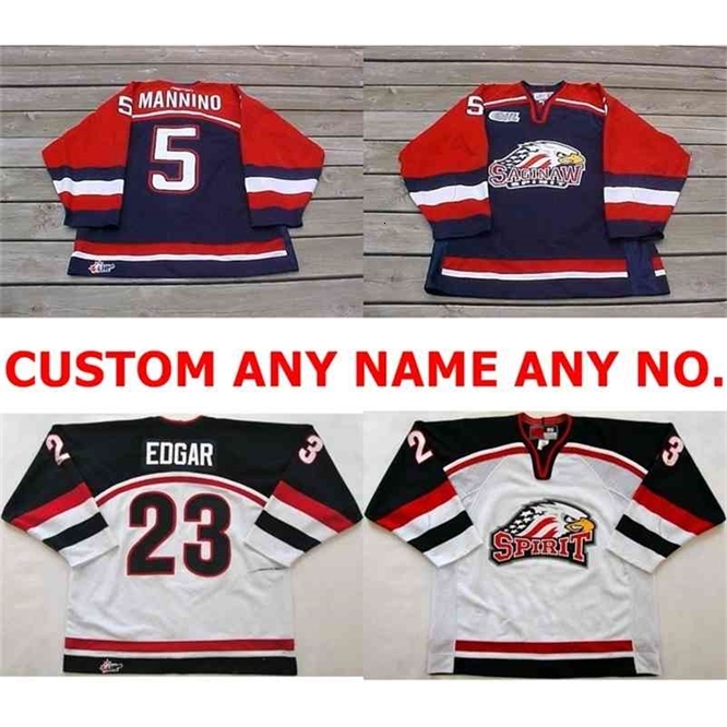 CeDH Personalisiertes OHL Saginaw Spirit-Trikot 5 Mannino 23 Edgar Herren Damen Kinder genähte Eishockey-Trikots Benutzerdefinierter beliebiger Name NO.Goalit Cut-Trikots