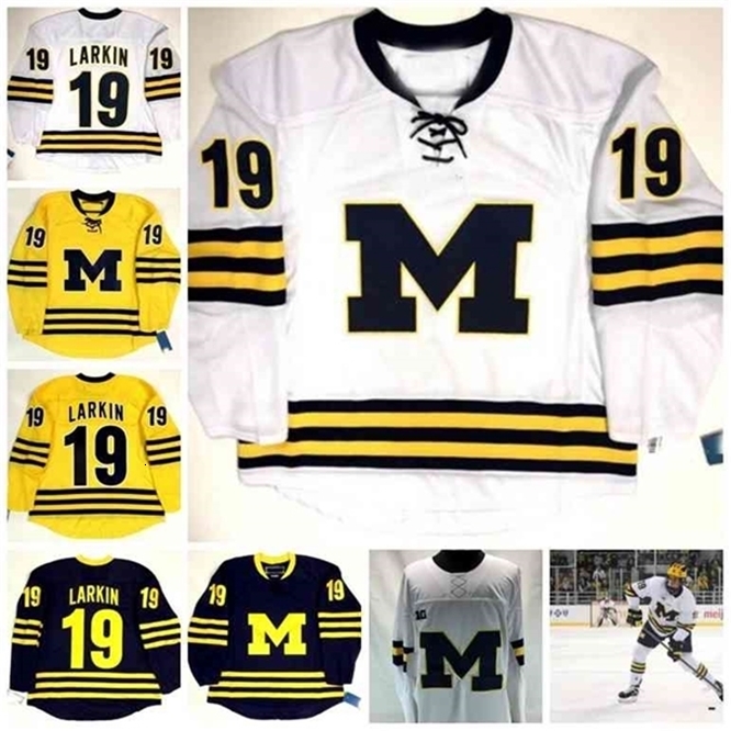 CeUf SDYLAN LARKIN NEW RED WING MICHIGAN WOLVERINES WHITE BLUE HOCKEY JERSEY 100% embroidery custom or of any name or number