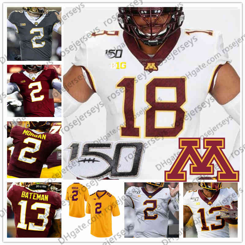 GOPHERS GOOPHERS مخصص 2020 كرة القدم 0 RASHOD BATEMAN 2 TANNER MORGAN 150th NCAA JERSEY أي اسم اسم أبيض باللونين الأصفر الأحمر 4XL