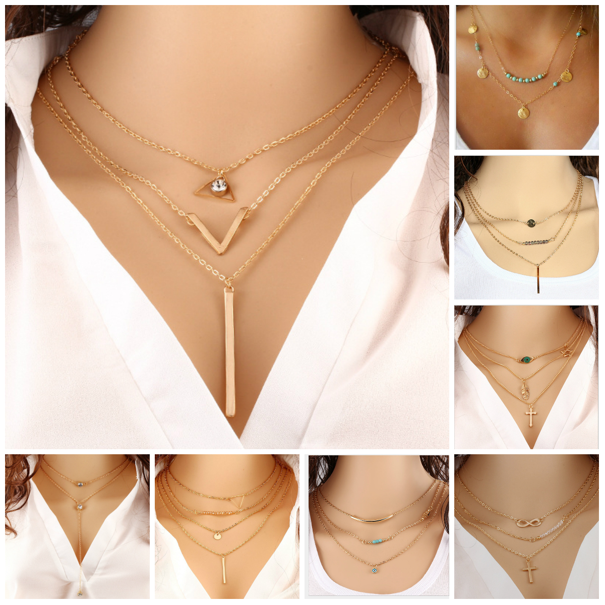 Pretty Choker Collier Boho Pearls Diamond Multilayer Necklaces for Women Men Bar Layered Tassel Metal Gold Chain Necklace