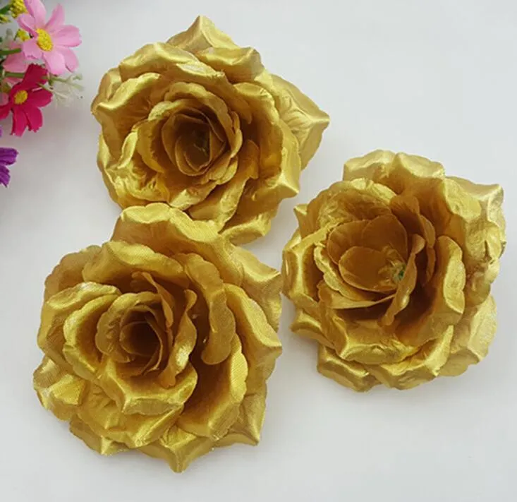 Cabeças de flores de seda artificiais, rosas douradas, 10cm, lotes por atacado para beijos, bola de flores, pomander, arranjo de casamento bj