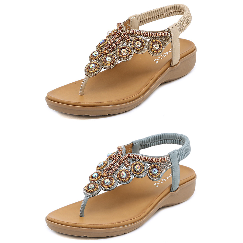 Bohemiska sandaler Kvinnor tofflor Wedge Gladiator Sandal Womens Elastic Beach Shoes String Bead Color5 Gai
