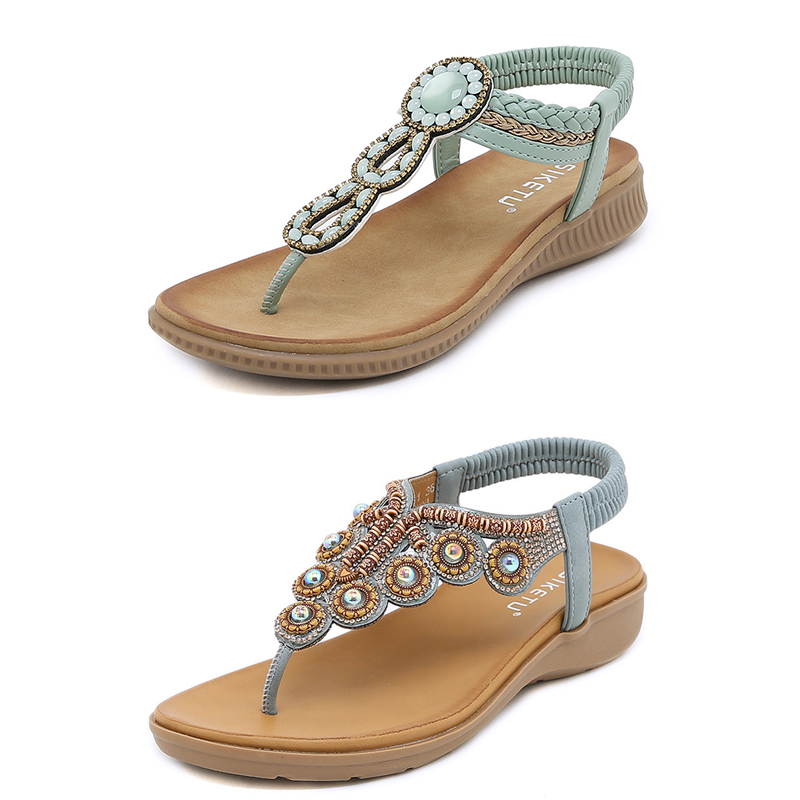 Bohemiska sandaler Kvinnor tofflor Wedge Gladiator Sandal Womens Elastic Beach Shoes String Bead Color8 Gai