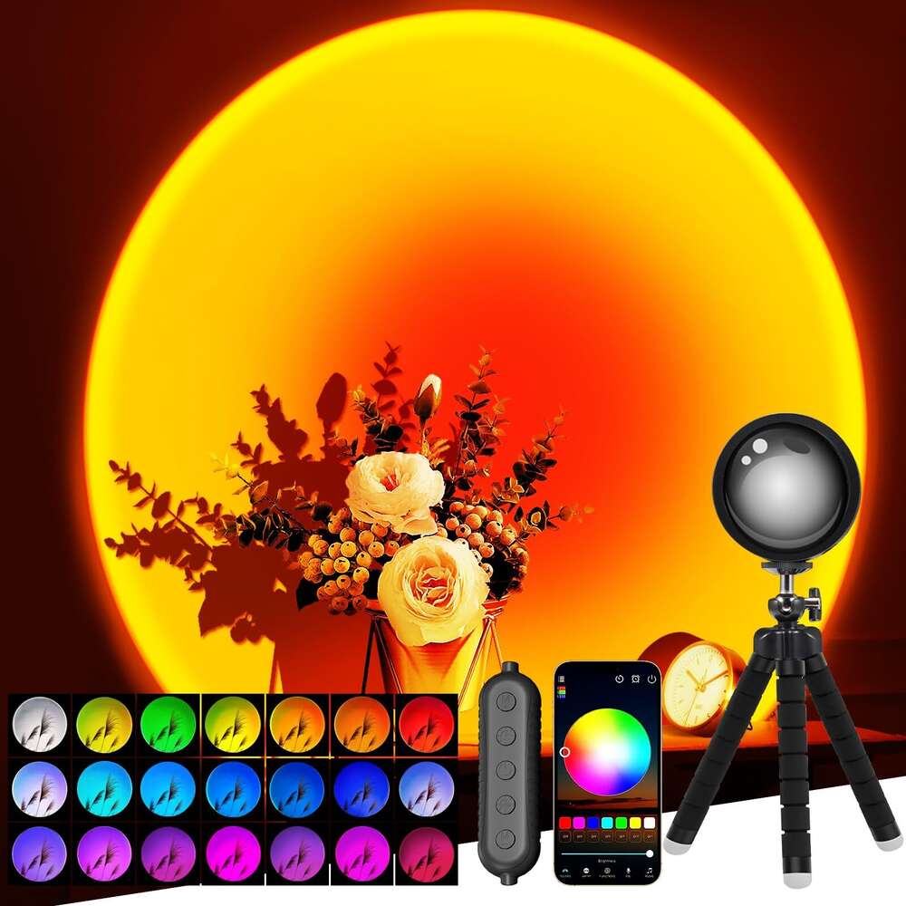 Sunset Projector with Application Control Multi color Transformation LED Light Suitable for Room 360 degree Rotating Sunlight Emotional Lighting Bedroom