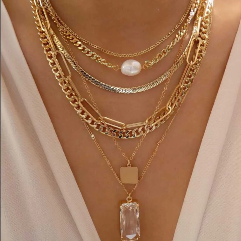 Pendant Necklaces bls- Bohemia Gold Color Multiple Styles Necklace For Women Trendy Multi-Layer Crystal Pendant Necklaces Set Jewelry LL