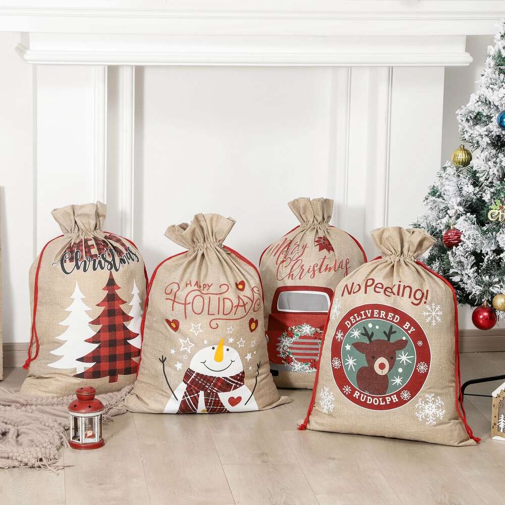 Gift Bag Christmas Backpack Imitation Linen Hine Printed