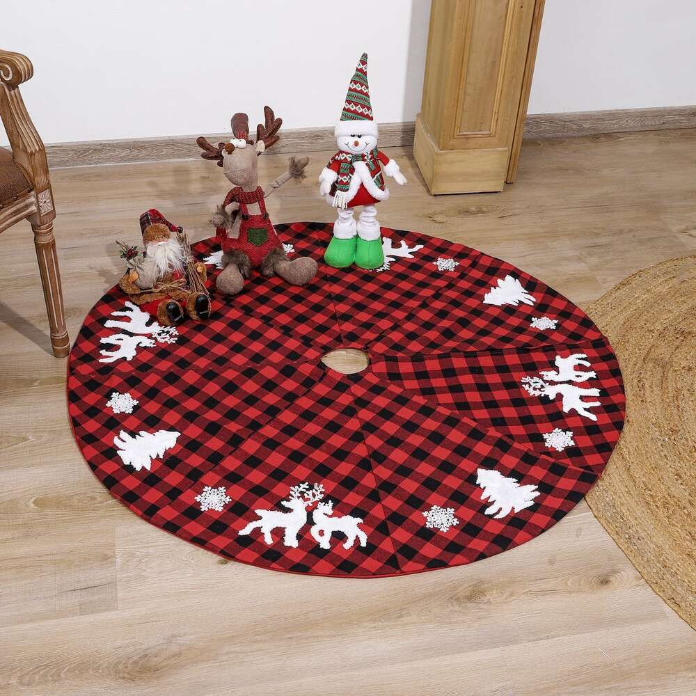 New Christmas Decorative Embroidered Tree Skirt Red and Black Checked Elk Small Snowflake Eight Piece 122cm 48 Inches