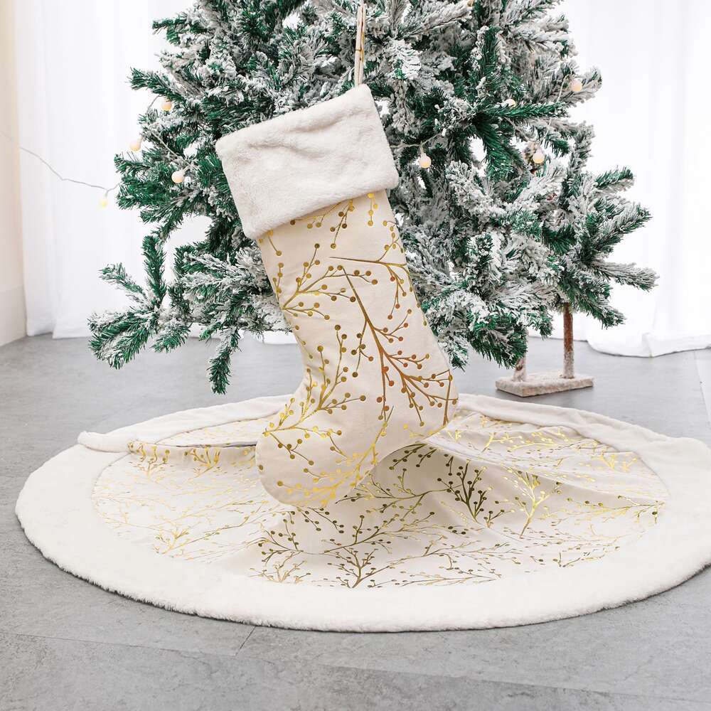 New 122cm Floral Pattern Gilded Plush Christmas Tree Skirt Party Decorations Socks