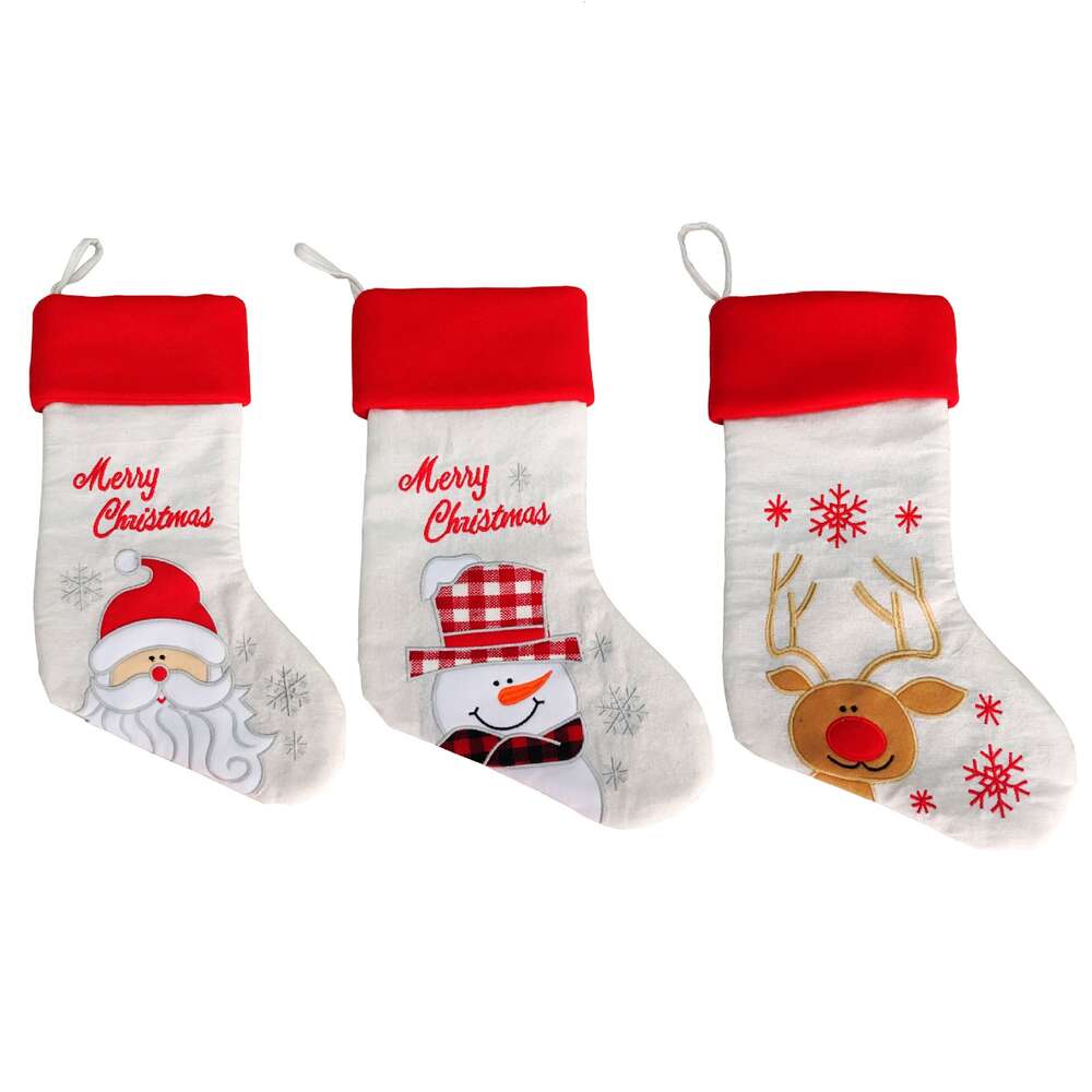 Santa Claus Socks 43cm Christmas Linen Embroidered Gift Bag