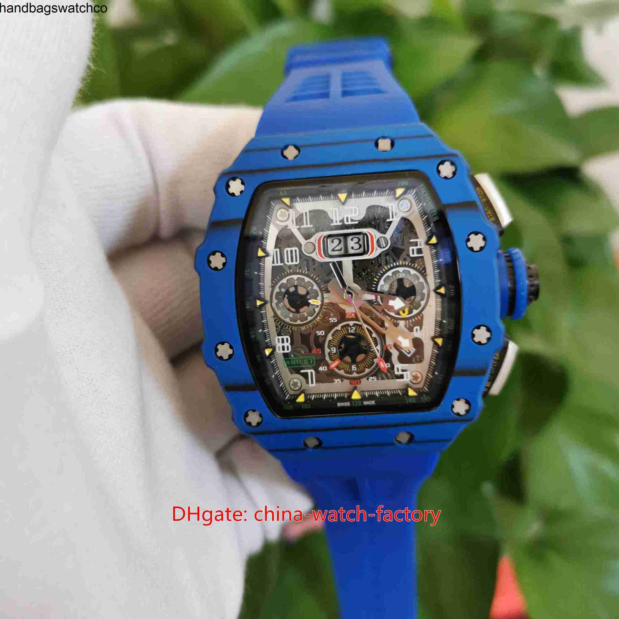 RicharMilles Watches Luxury Mechanical Mechanical Movement Ceramic Dial Rubber strap Super Quality 44mm x 50mm RM1103 Jean Todt Skeleton Carbon Fiber Blue Bezel