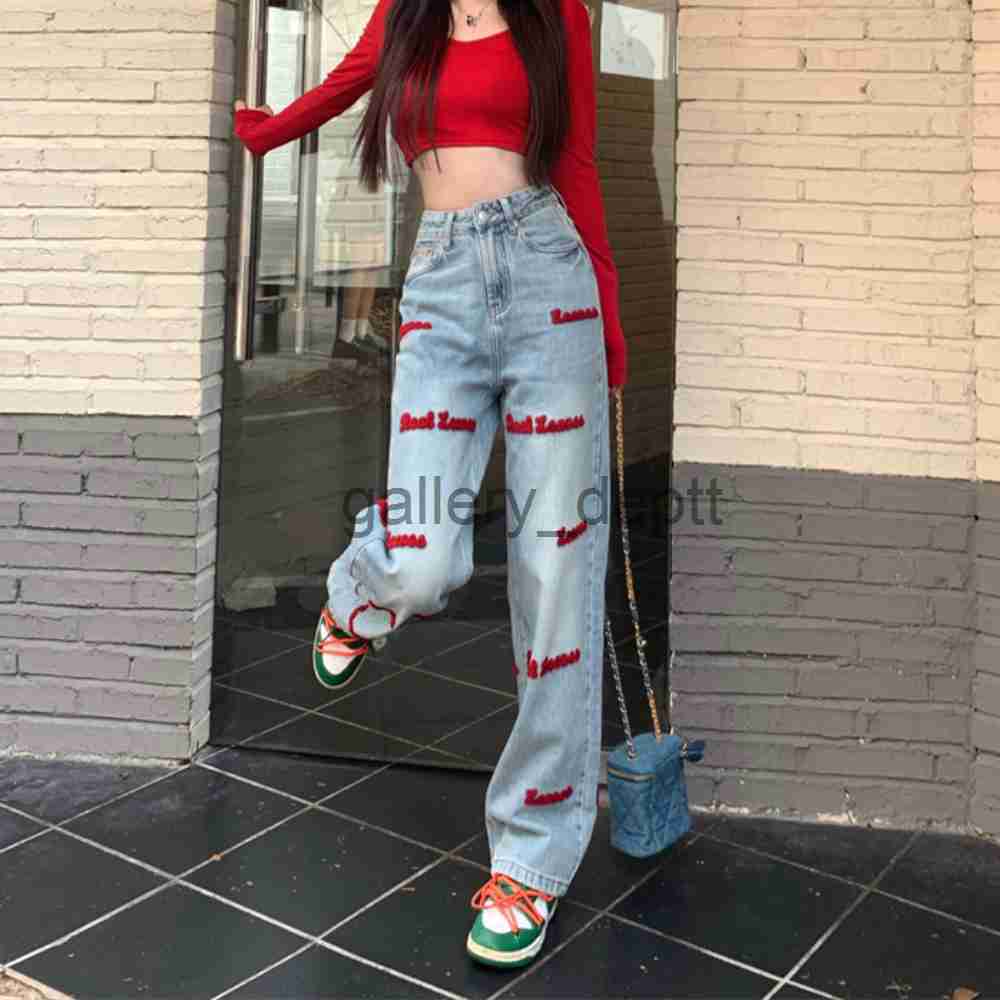 Women's Jeans Embroidered letter jeans women autumn new american vintage high waist wide leg loose straight hot girl mopping denim trousers J230914