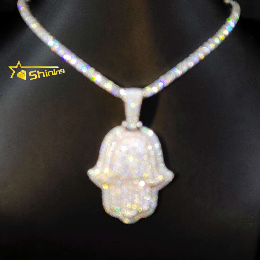 Passa il tester del diamante Iced Out Ciondolo a mano placcato in oro rosa e bianco da 3 pollici Pendenti in argento sterling 925 Vvs Moissanite Hamsa