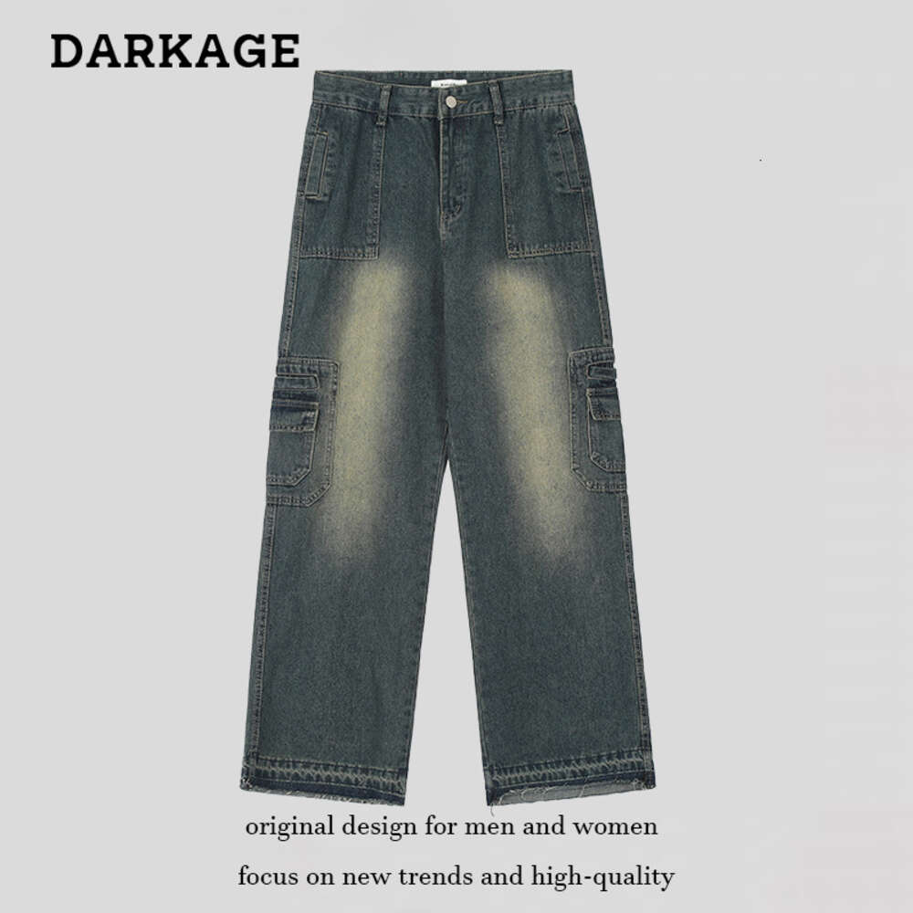 American Style Street Wash and Old Work Clothes Jeans, Unisex Trendy Brand Loose Wide Leg Straight Leg Pants