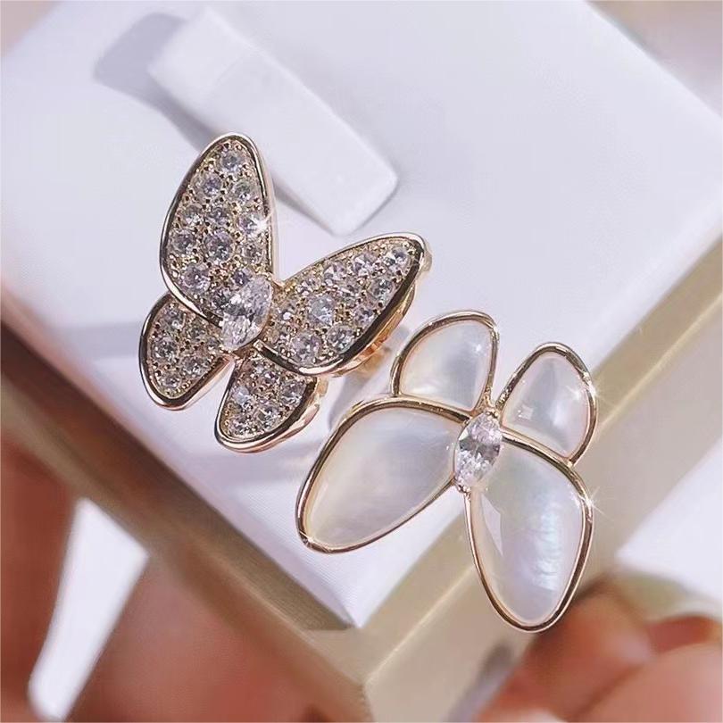 Fashion Love Sweet Butterfly Designer Band Rings for Women Mother of Pearl Shining Bling Diamond Crystal Cute Charm Elegant Ring Jewelry