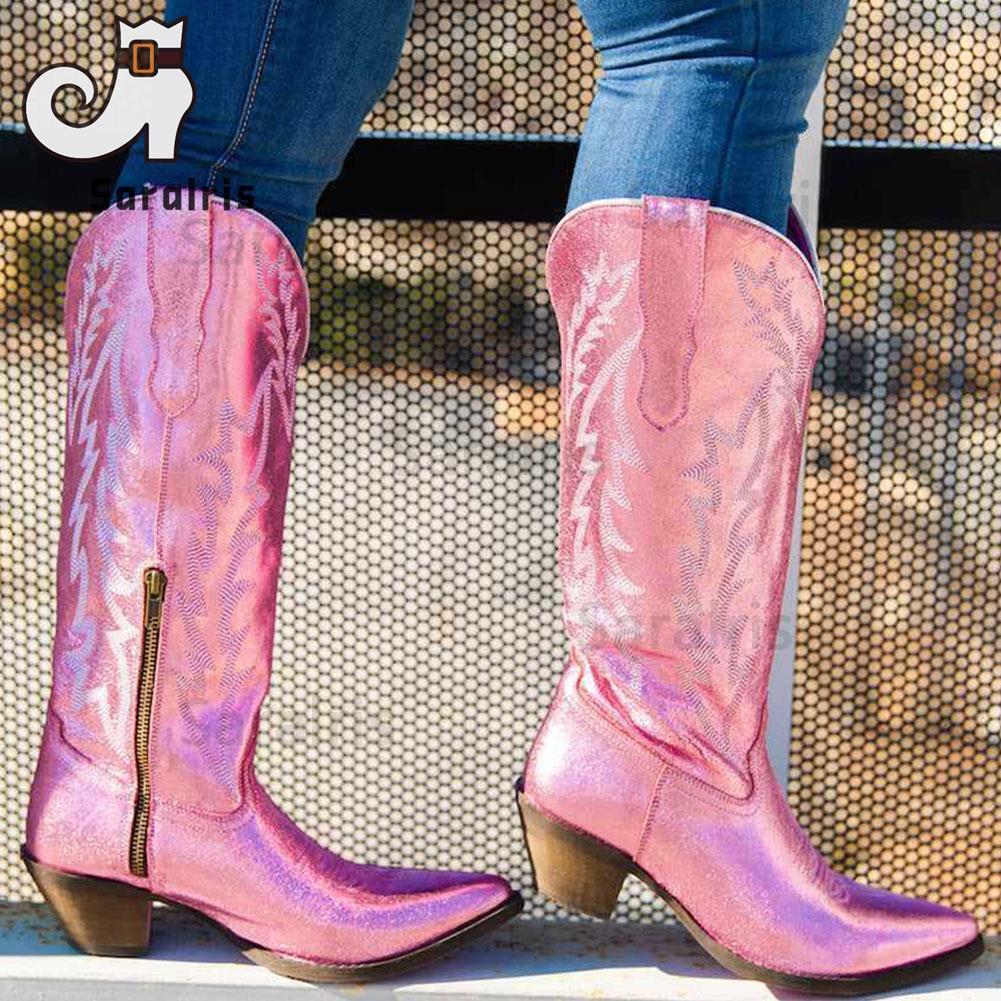Wysokie jesienne kolano Róż 459 Kowbojski Western Winter Cowgirl Boots Wskazane palce haftowe Wspaniała jakość kobiet buty 230807 579