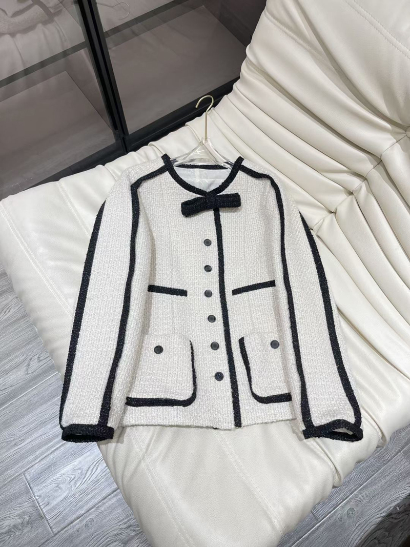 Осень 2023, твидовый жакет с контрастной отделкой и бантом, белый, черный, с длинным рукавом, круглым вырезом, двойными карманами, однобортные куртки, пальто