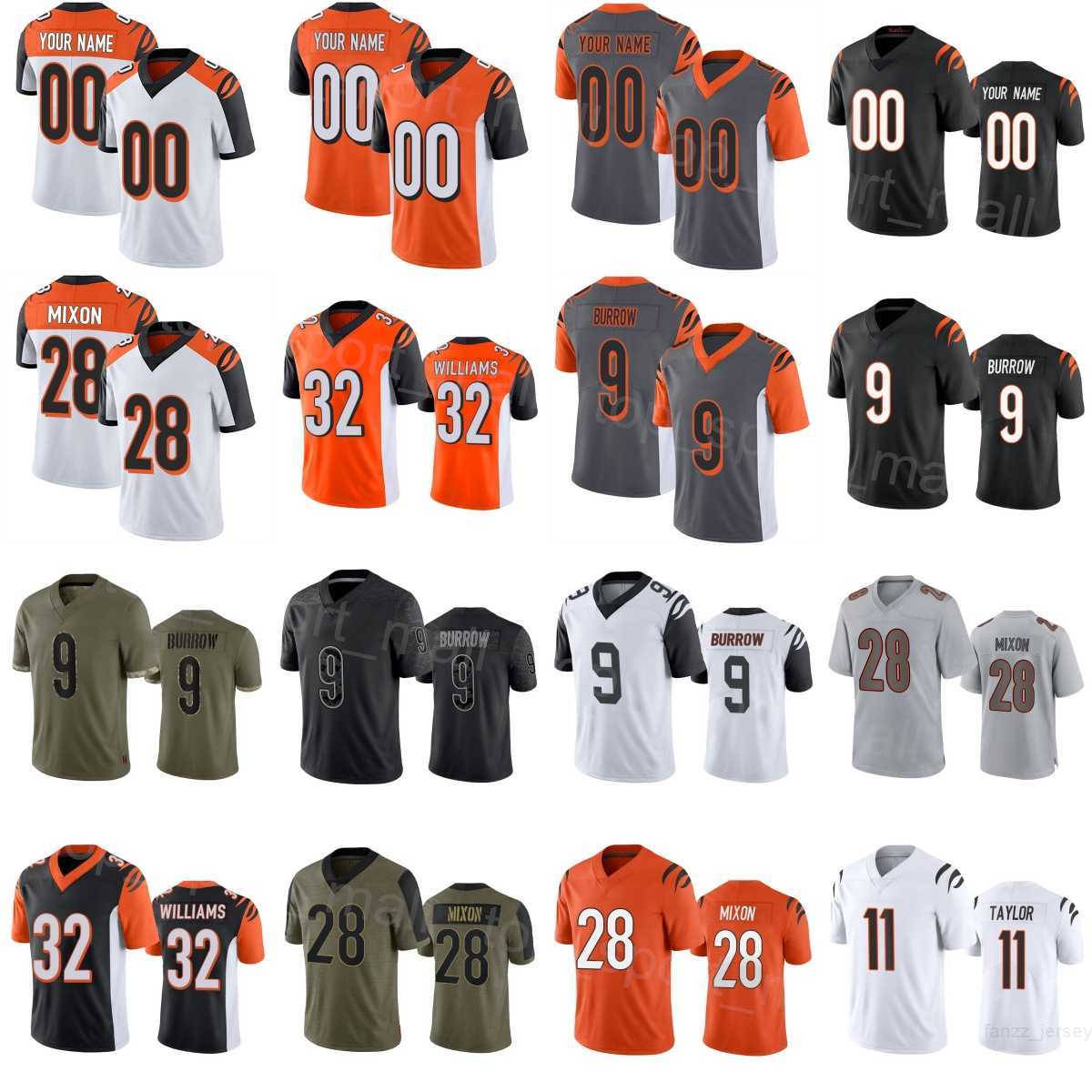 9 Football Men Women Kids Burrow Jerseys 28 Joe Mixon 32 Trayveon Williams 11 Trent Taylor 16 Trenton Irwin 99 Myles Murphy Black Orange on