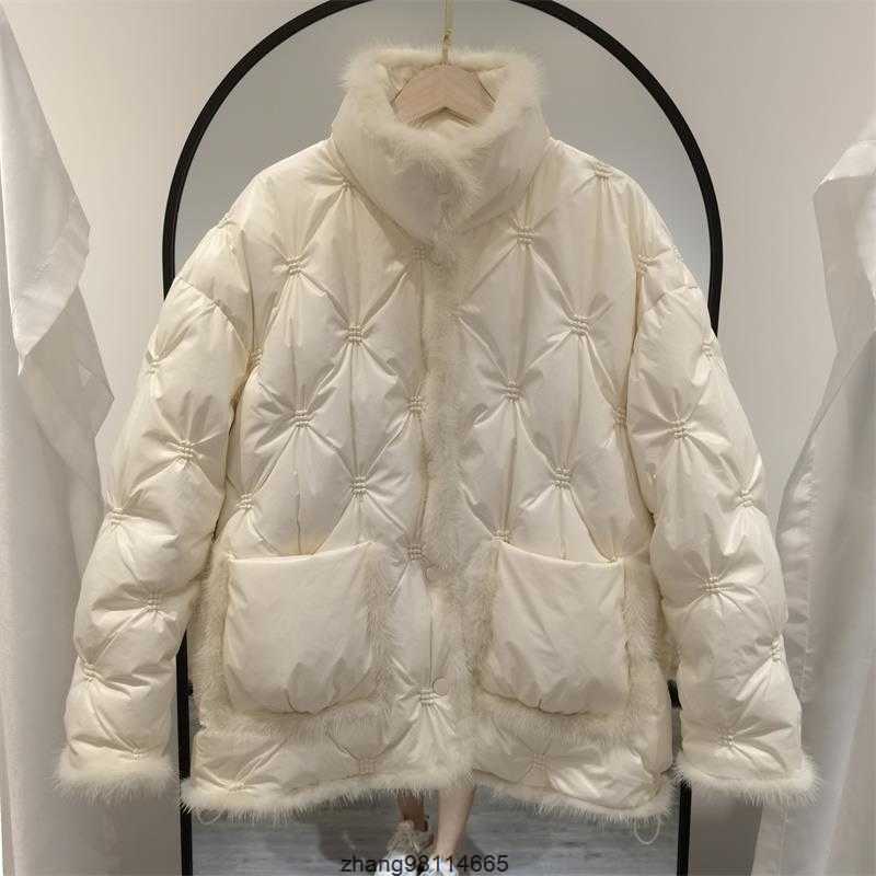 Pinghu with Mink Fur Ing Embroidery Standing Collar Down Jacket for Women's Fashion, Warm Jacket, White Duck Down, Korean