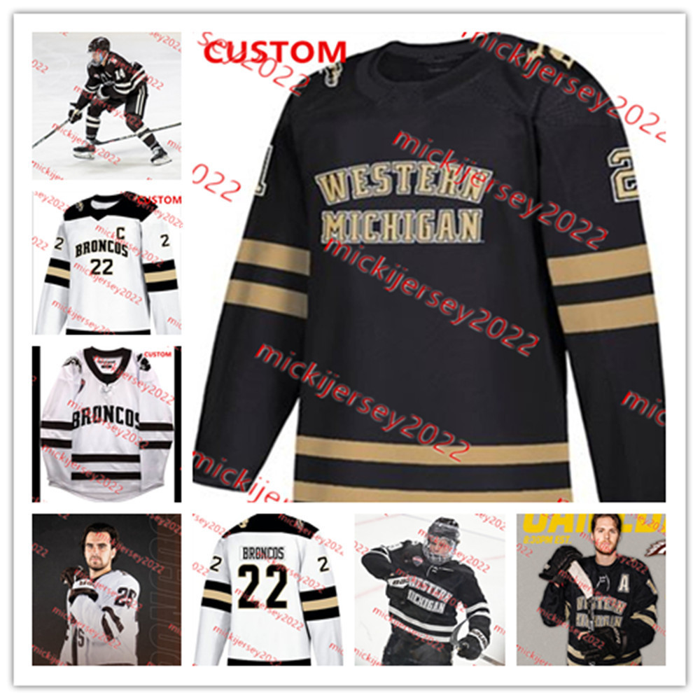 커스텀 스티치 서부 미시간 브론 코스 하키 저지 29 Will Hambley 31 Cameron Rowe Samuel Sjolund Max Sasson Dylan Wendt Alex Bump Western Michigan Jerseys Mens