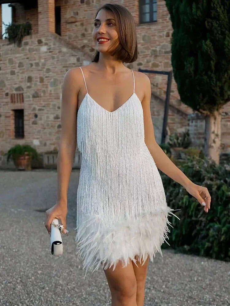 Tassel Sequins Dress Women Elegant Feather Spaghetti Straps Mini Summer Sexy Party Club Evening Dresses Vestidos