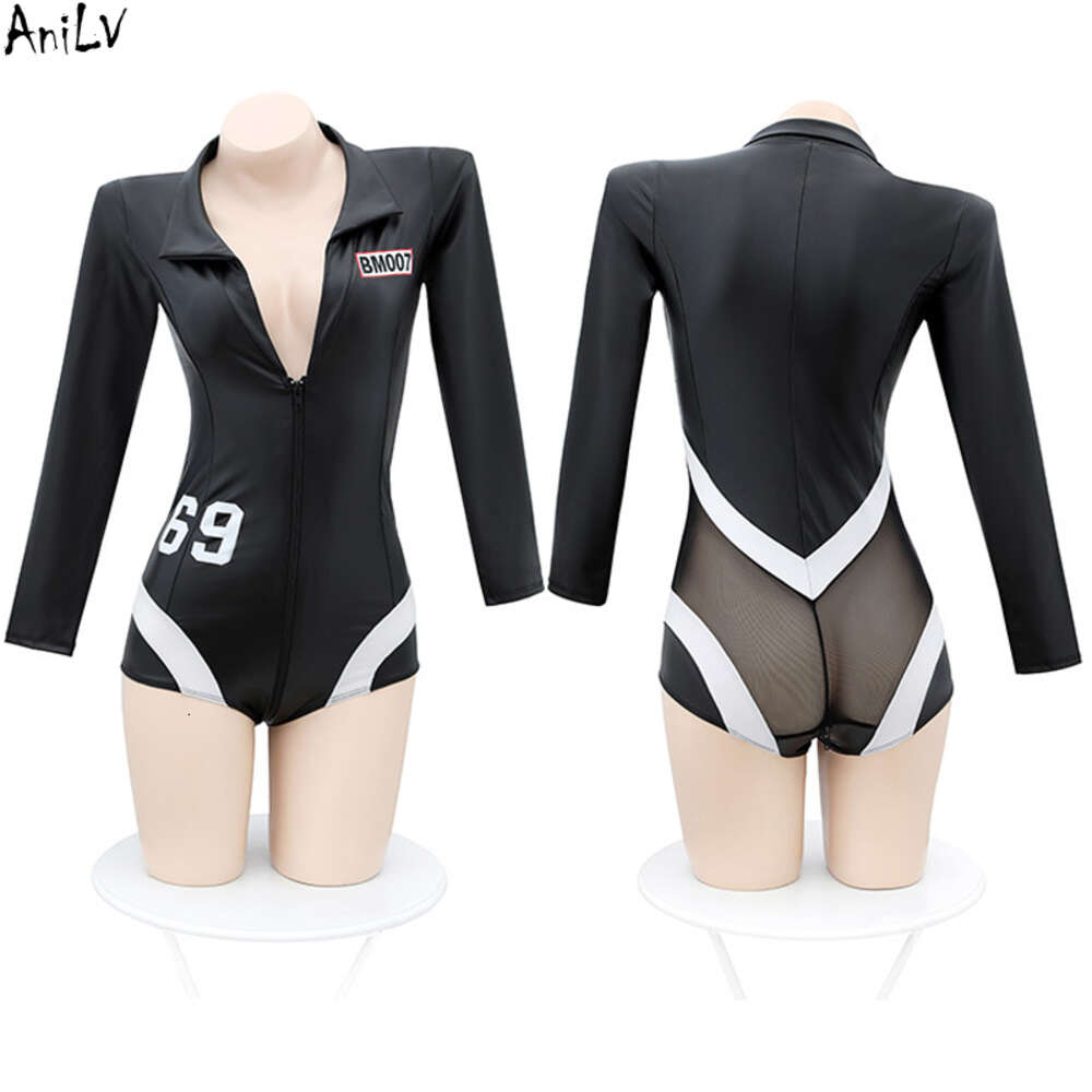 Ani Motorcycle Girl Leather Bodysuit Women V-neck Double Zipper Onesie Uniform Outfit Costume Cosplay