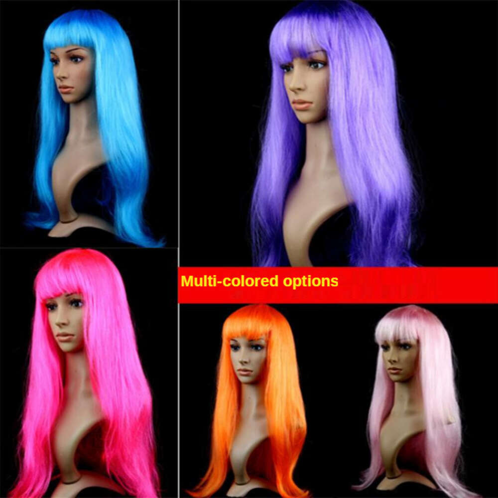 Lady Women Carnival Long Straight Wig for Cosplay Girl Birthday Party Pink 60cm Comic and Animation Hair with Oblique Bang