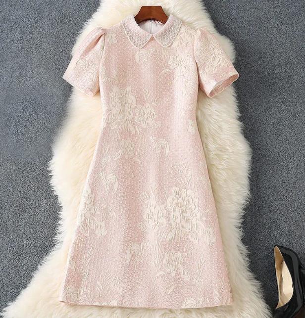 2023 Summer Pink Floral Beaded Jacquard Dress Sleeve Peter Pan Neck Panelled Short Casual Dresses M3M03B740