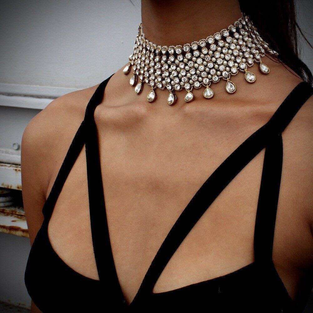 B1210 패션 새로운 스타일 과장된 다이아몬드 임베딩 워터 드롭 짧은 목걸이 목 체인 칼라