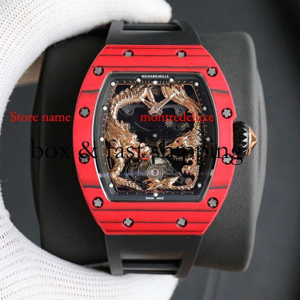 Design RM57 Tourbillon Male Dragon och Phoenix Superclone Carbon Fiber Watch Automatic New RM57-01 Watches Light Wristwatch569 Montres de Luxe